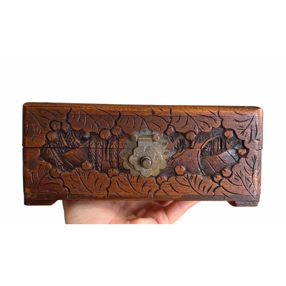 Mid Century Chinese Hand Carved Wood Box Jewelry‎ Chest Hinged Lid Hong Kong